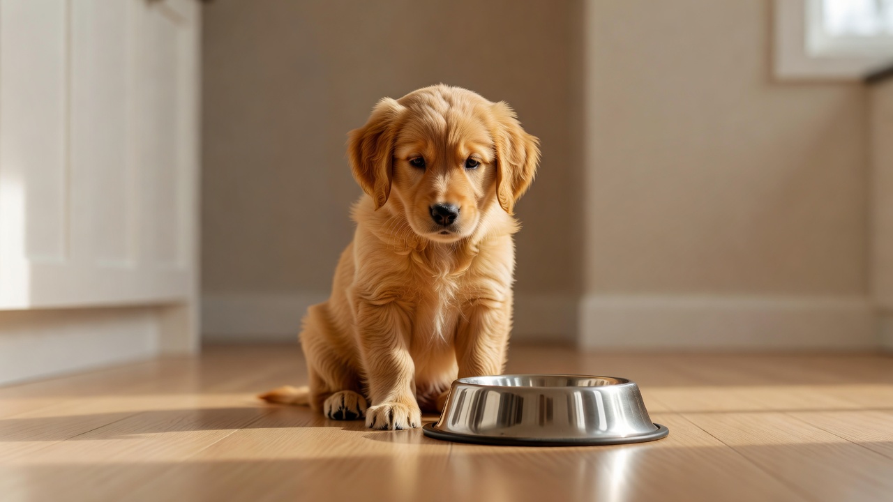 一只六个月到一岁间的金毛幼犬在室内食盆旁等待进食的画面